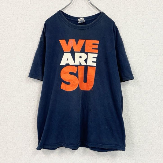 GILDAN　ギルダン　半袖プリントTシャツ　3連プリント　両面プリント　ビッグプリント　クルーネック　紺　ネイビー　XLサイズ
