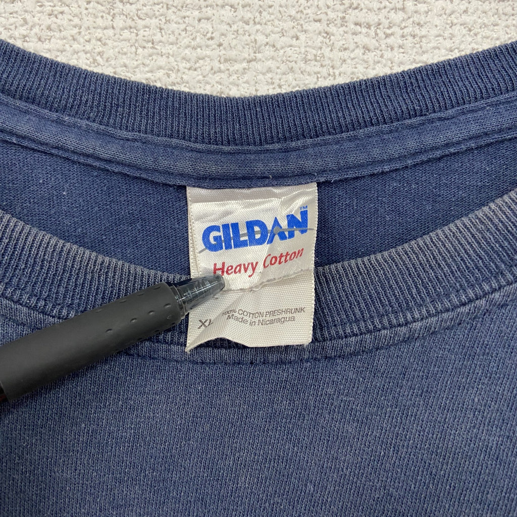 GILDAN　ギルダン　半袖プリントTシャツ　3連プリント　両面プリント　ビッグプリント　クルーネック　紺　ネイビー　XLサイズ