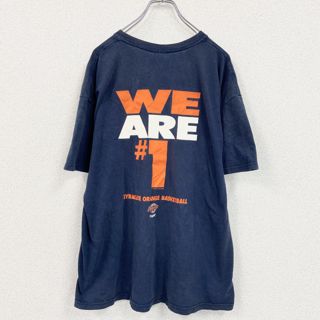 GILDAN　ギルダン　半袖プリントTシャツ　3連プリント　両面プリント　ビッグプリント　クルーネック　紺　ネイビー　XLサイズ