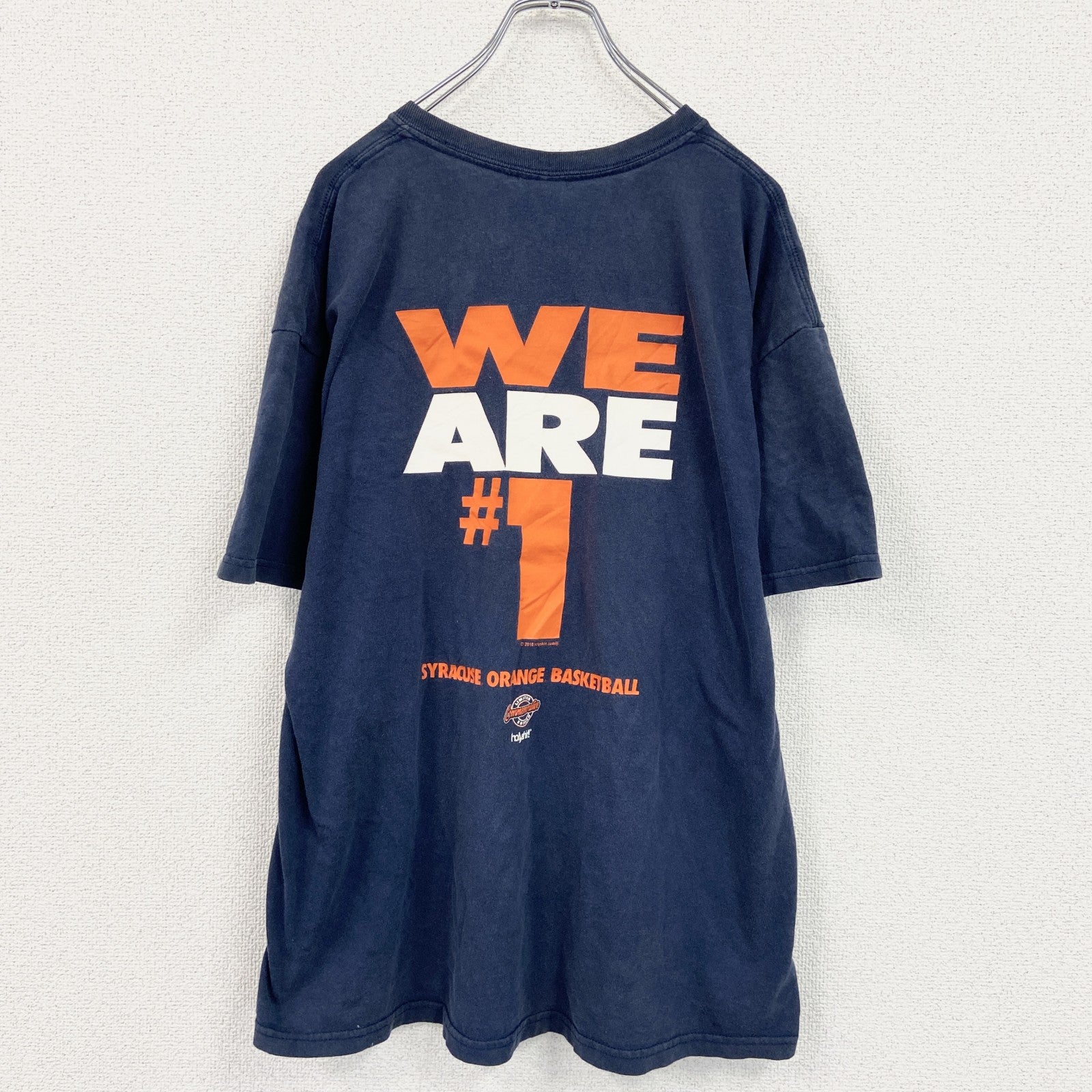 GILDAN　ギルダン　半袖プリントTシャツ　3連プリント　両面プリント　ビッグプリント　クルーネック　紺　ネイビー　XLサイズ