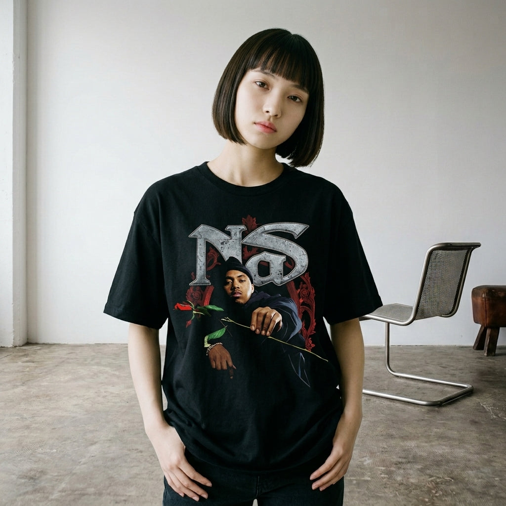 Nas　ナズ　Red Rose　半袖フォトプリントTシャツ　ラップT　オフィシャル　黒　ブラック　Lサイズ【新品・正規品】